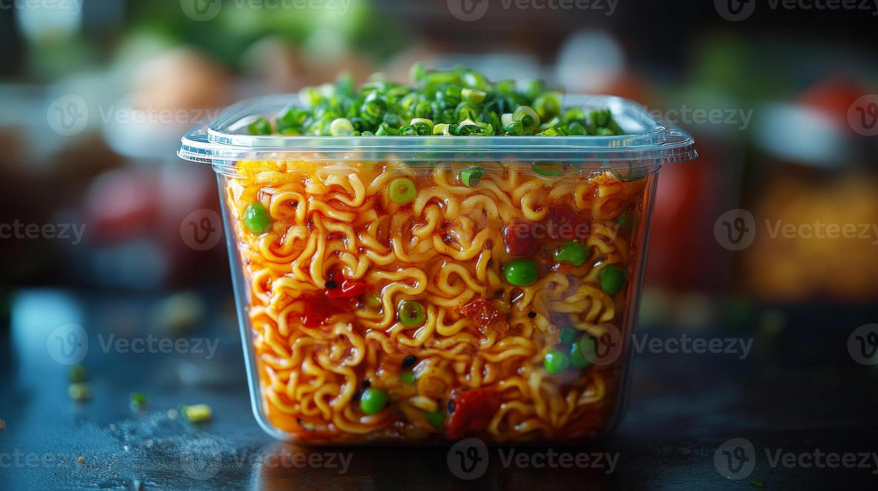Noodles with green onions ready. A container holds delicious noodles topped with fresh green onions, showcasing vibrant colors and tempting textures. photo