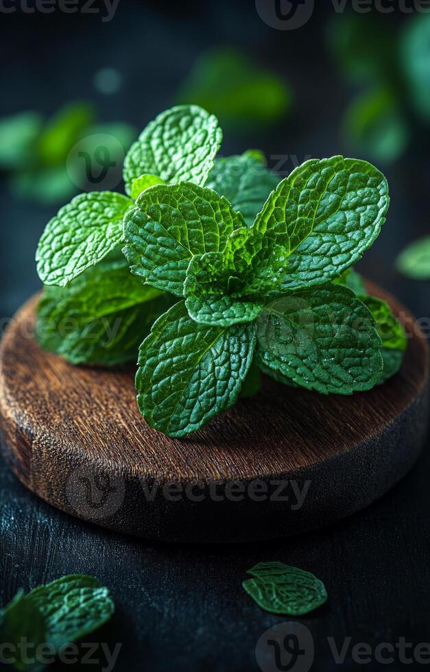 Mint leaves on wood display. Fresh mint leaves arranged beautifully on a dark wooden surface create a vibrant and fragrant composition. photo