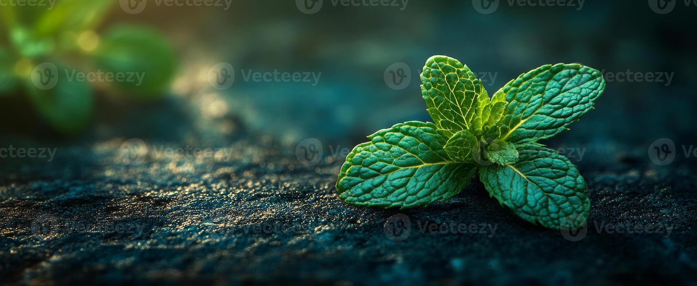 Fresh mint leaf on a dark surface. A vibrant mint leaf rests on a textured, dark surface, highlighting its rich green color and intricate details. photo