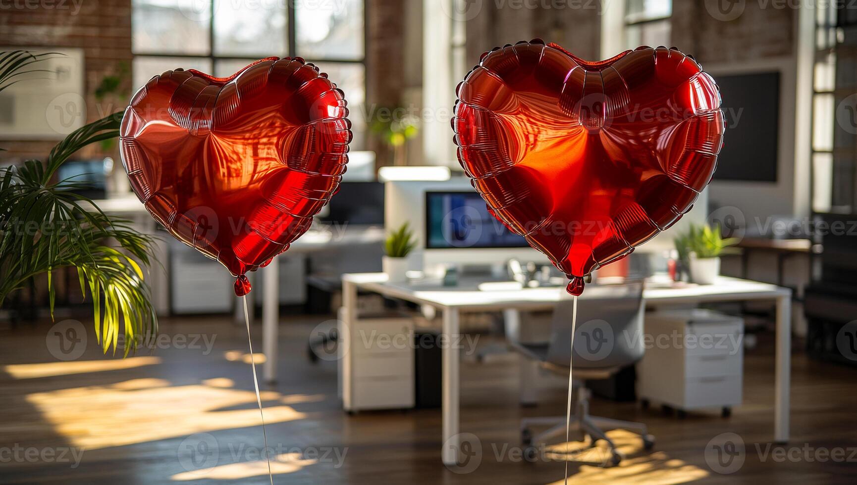 Heart balloons in a modern office. Two large red heart-shaped balloons float in a bright office, creating a festive atmosphere during a cheerful gathering. photo
