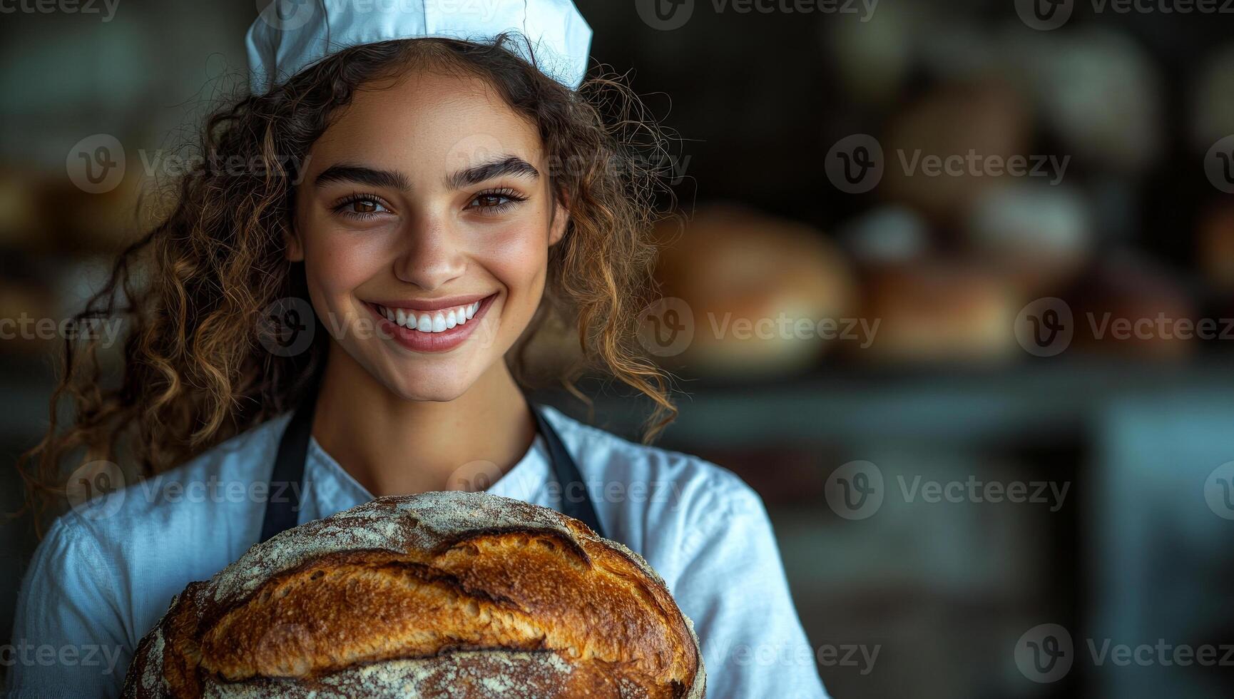 Baker with fresh bread. A young baker with curly hair smiles brightly while holding a loaf of freshly baked bread in a bakery. photo