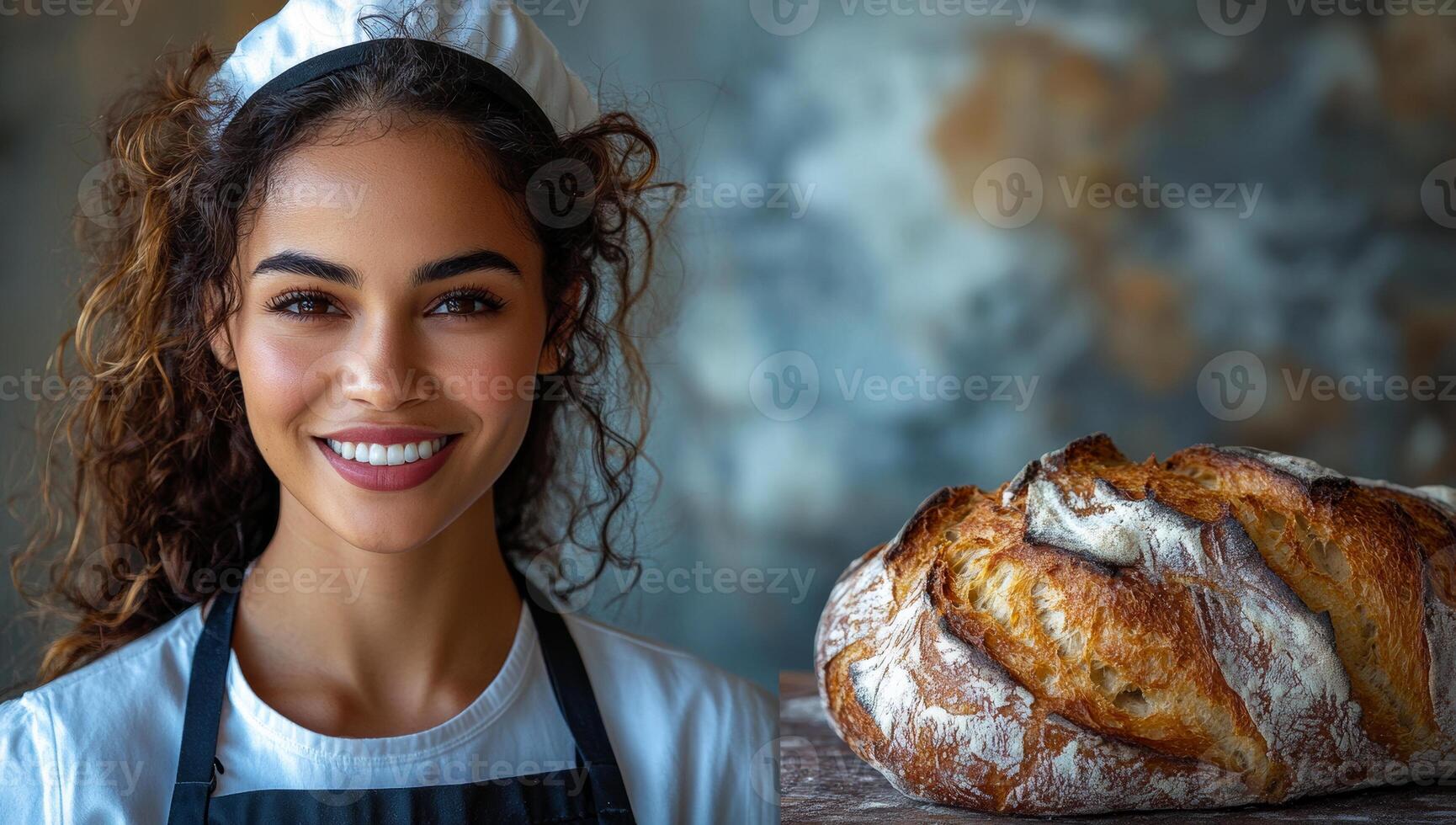 Baker smiles with fresh bread. A young baker stands proudly beside a freshly baked loaf in a rustic kitchen, showcasing her craftsmanship and joy. photo