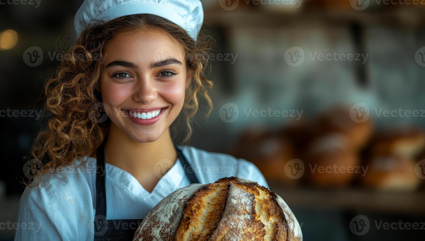Young baker proudly holds artisan bread. A smiling young baker showcases freshly baked artisan bread in a cozy bakery filled with loaves. photo