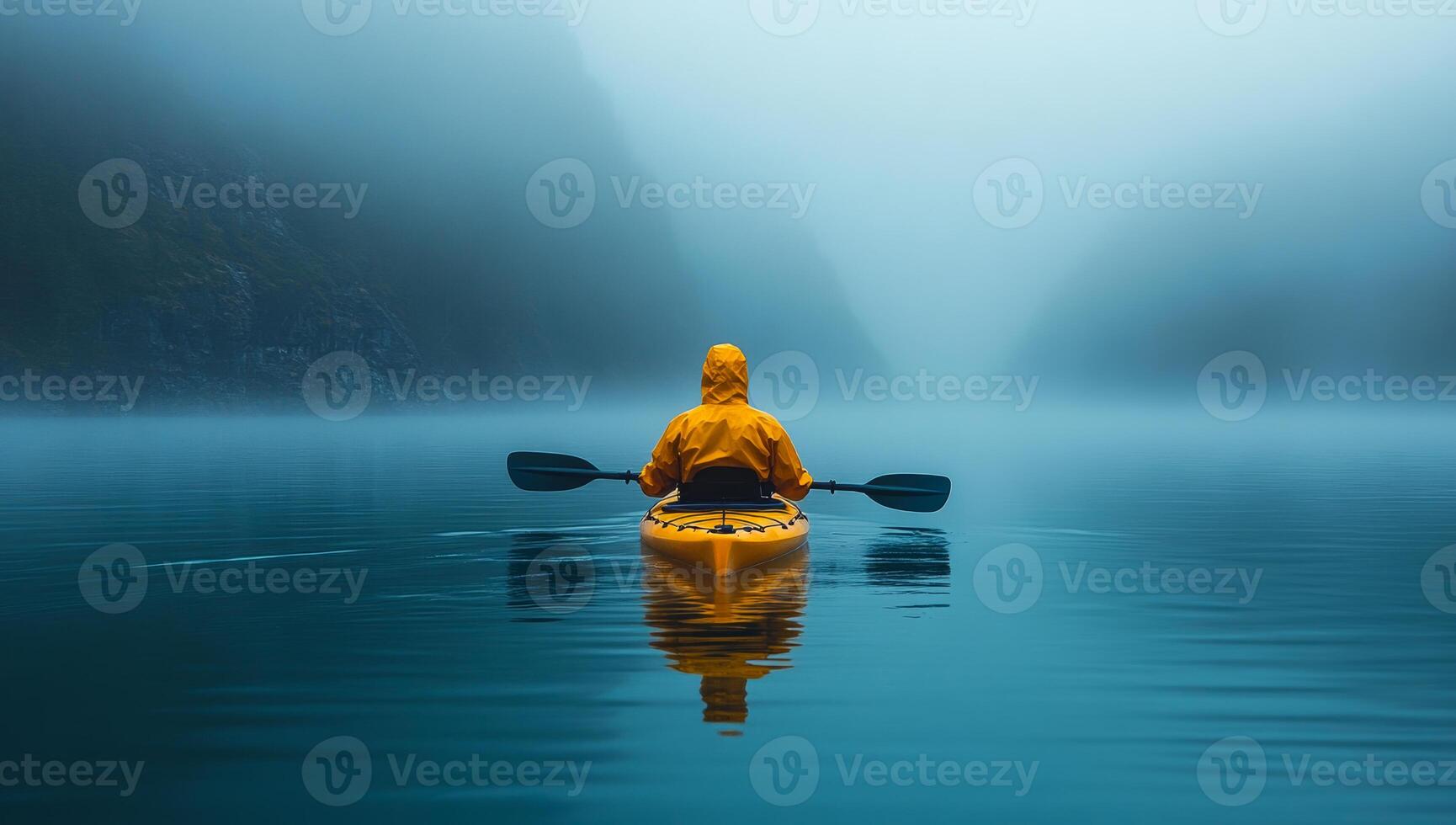 Kayaker on misty lake. A person in a yellow kayak paddles serenely on a foggy lake surrounded by misty cliffs at dawn. photo