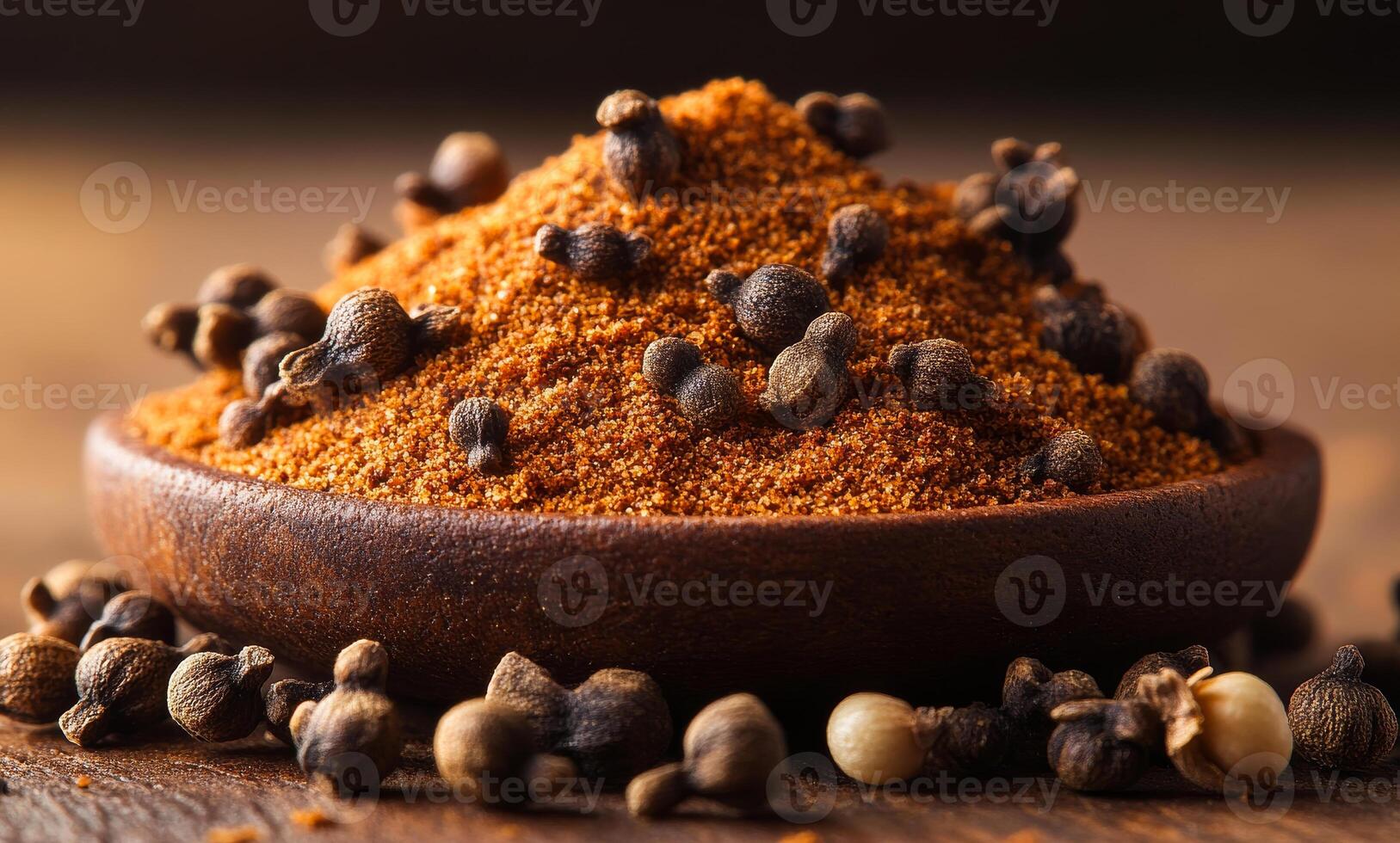 Rich spices arranged in a wooden bowl. A wooden bowl filled with aromatic ground spices is surrounded by whole spices, creating a vibrant display of flavor. photo