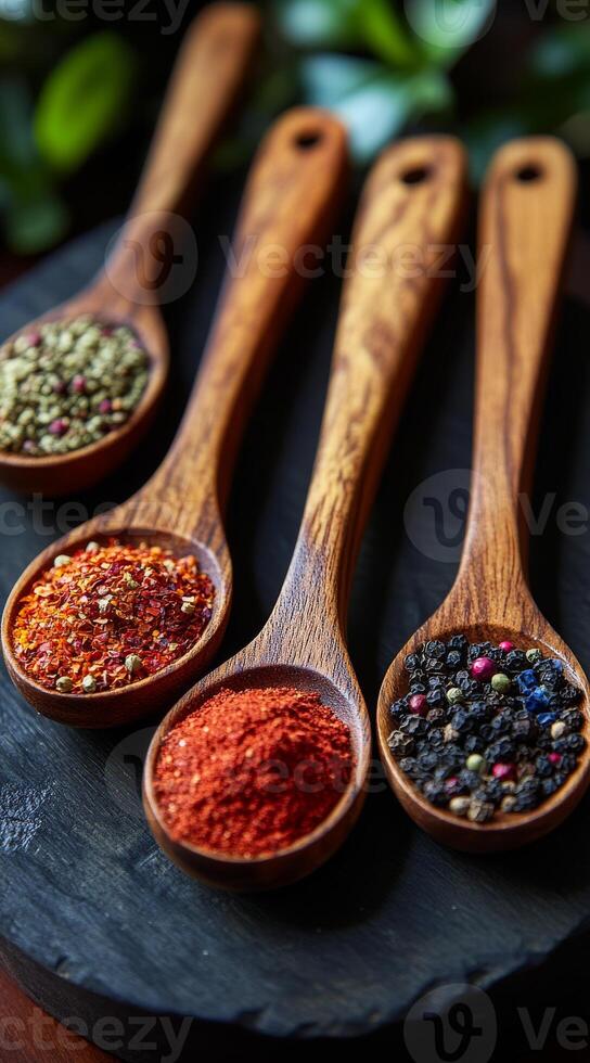 Four wooden spoons with different colored spices on a black surface. The spoons are arranged in a row, with the first spoon on the left and the last spoon on the right photo