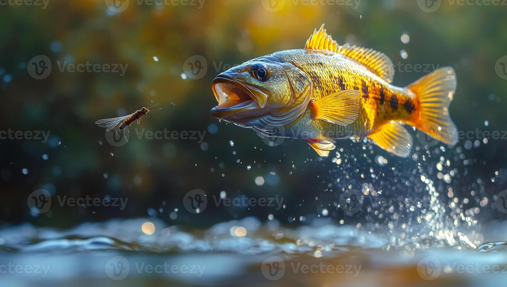 A fish is jumping out of the water to catch a bug. The scene is lively and energetic, with the fish and bug in motion photo