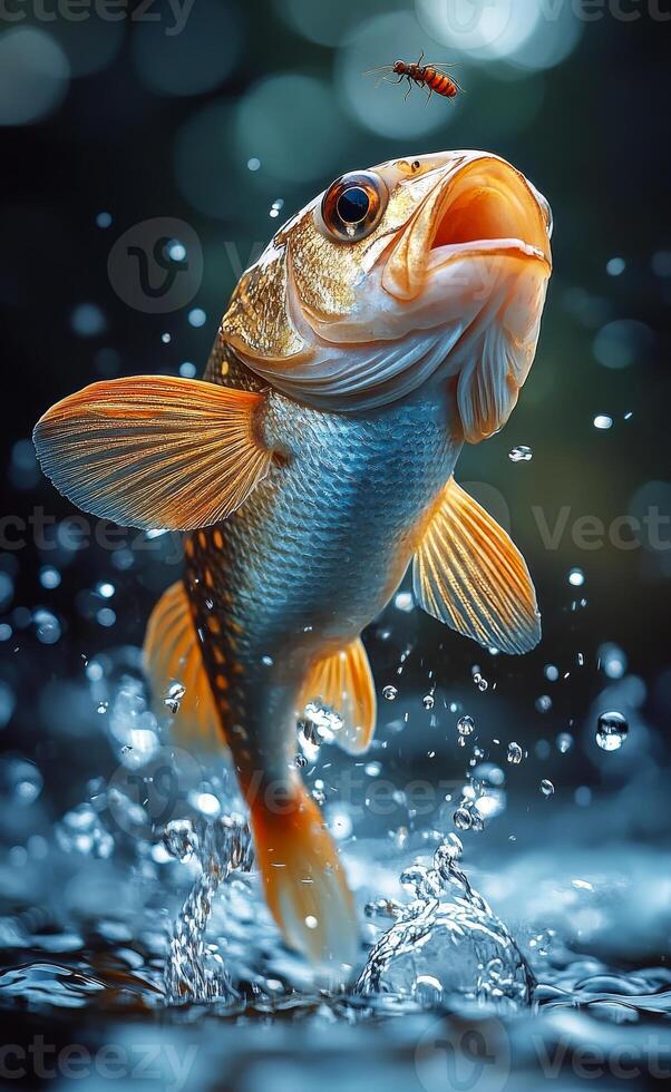 A fish is jumping out of the water with a bug in its mouth. The image has a playful and lighthearted mood, as the fish is not a typical predator and the bug is not a typical prey photo