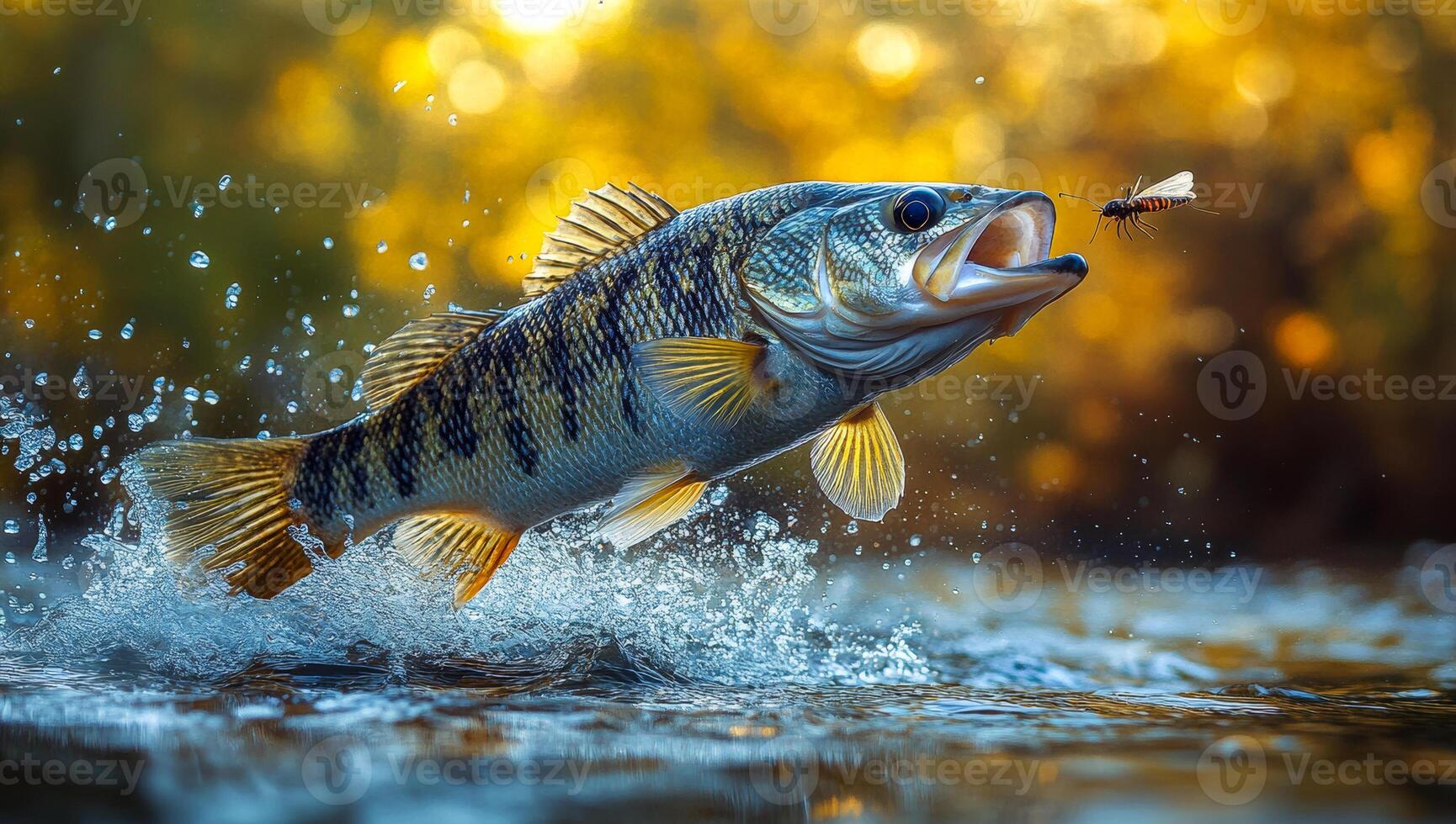 A fish is jumping out of the water with a bug in its mouth. The scene is lively and energetic, with the fish and bug both in motion photo