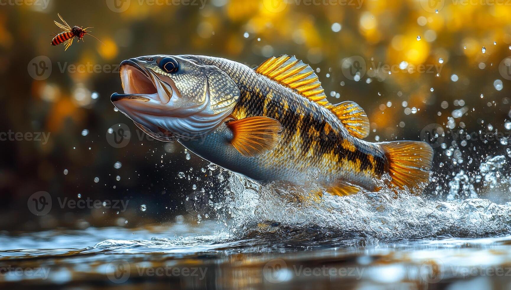 A fish is swimming in the water with a bee in its mouth. The scene is lively and full of action photo
