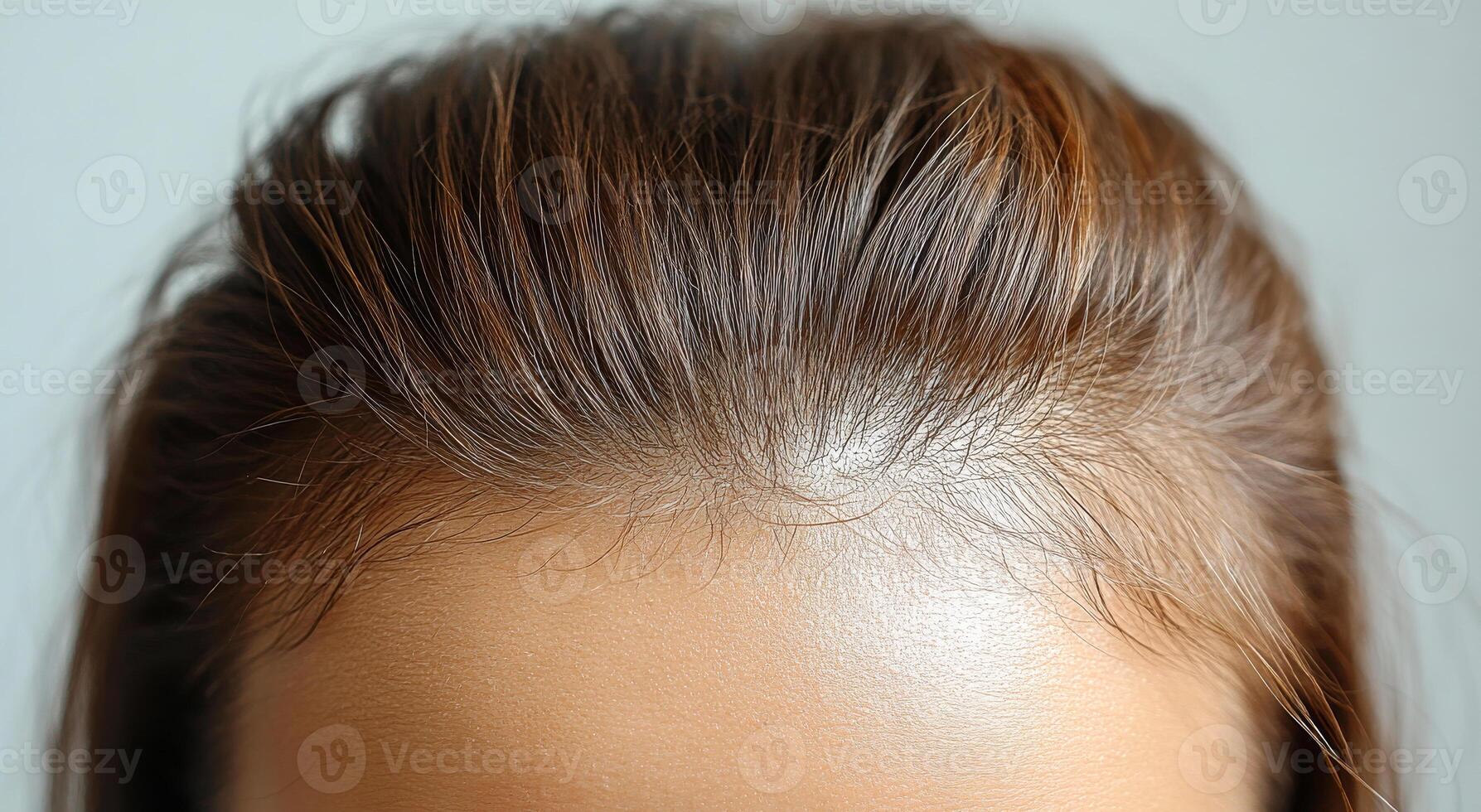 A woman's head with a bald spot on the top of her head. The bald spot is surrounded by hair photo