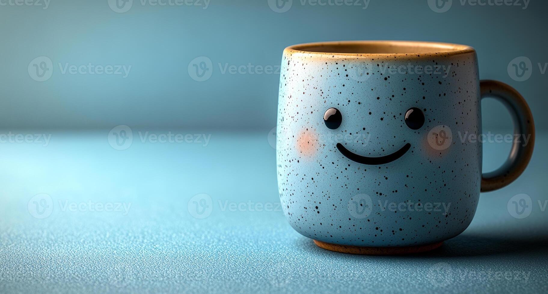 A smiling blue coffee cup on a blue background. The cup is smiling and has a happy expression photo