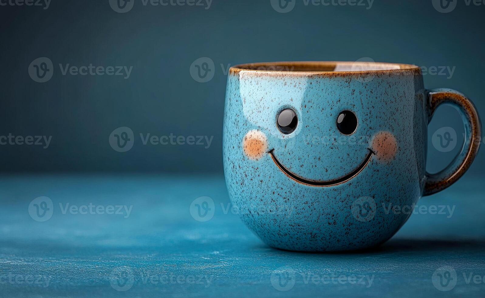 A smiling blue coffee cup on a blue table. The cup is smiling and has a happy expression photo