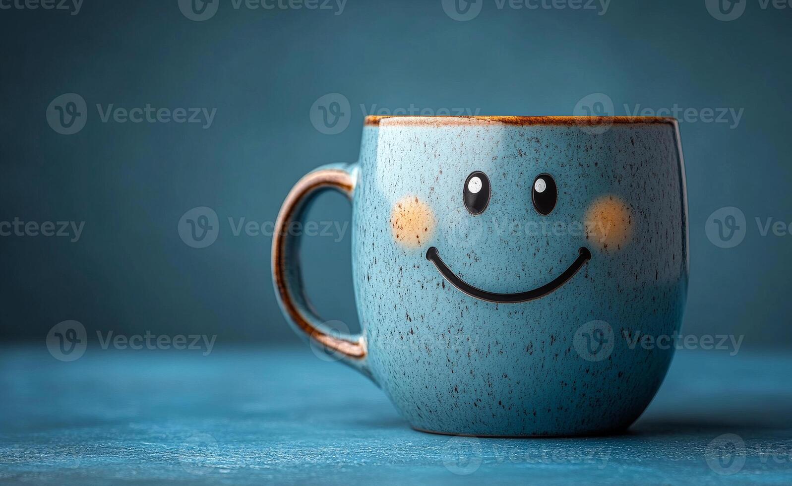 A smiling coffee mug with a blue background. The mug is smiling and has a happy expression. The blue background adds to the overall mood of the image, making it feel cheerful and positive photo
