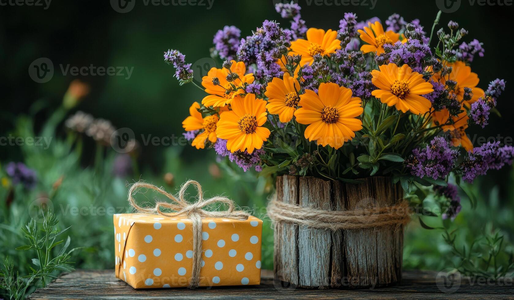 A bouquet of flowers sits next to a gift box. The flowers are orange and purple, and the box is yellow with polka dots. Concept of celebration and joy, as the flowers photo