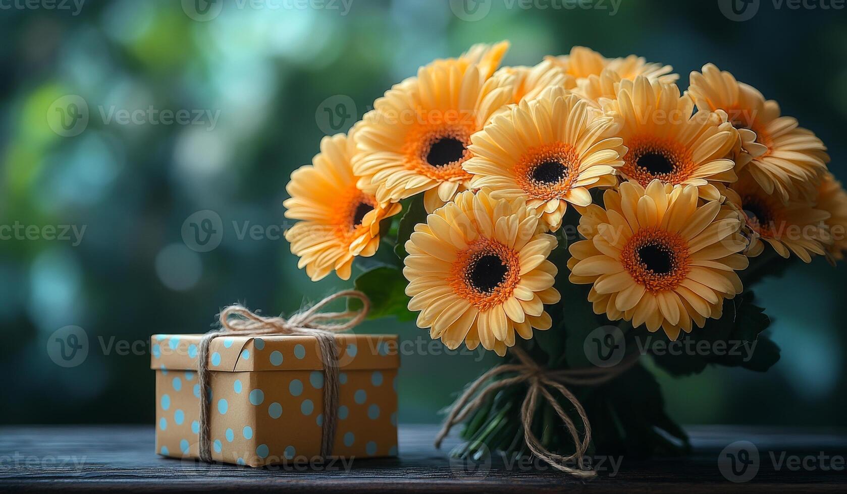 A bouquet of yellow flowers sits next to a gift box. The flowers are arranged in a vase and the box is decorated with polka dots. Concept of celebration and joy, as the flowers photo