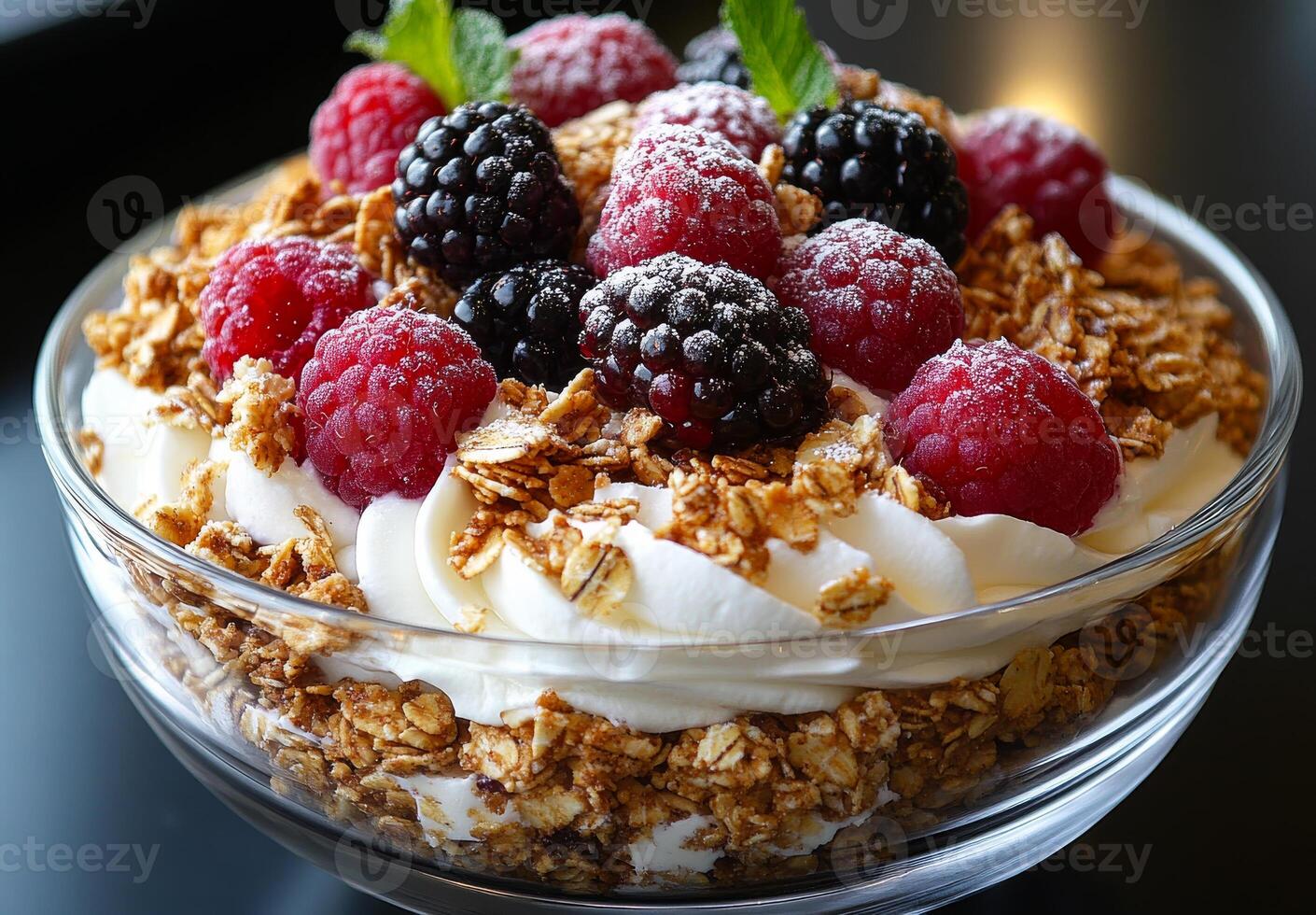A bowl of cereal with berries and whipped cream. The bowl is clear and the berries are scattered throughout the cereal photo