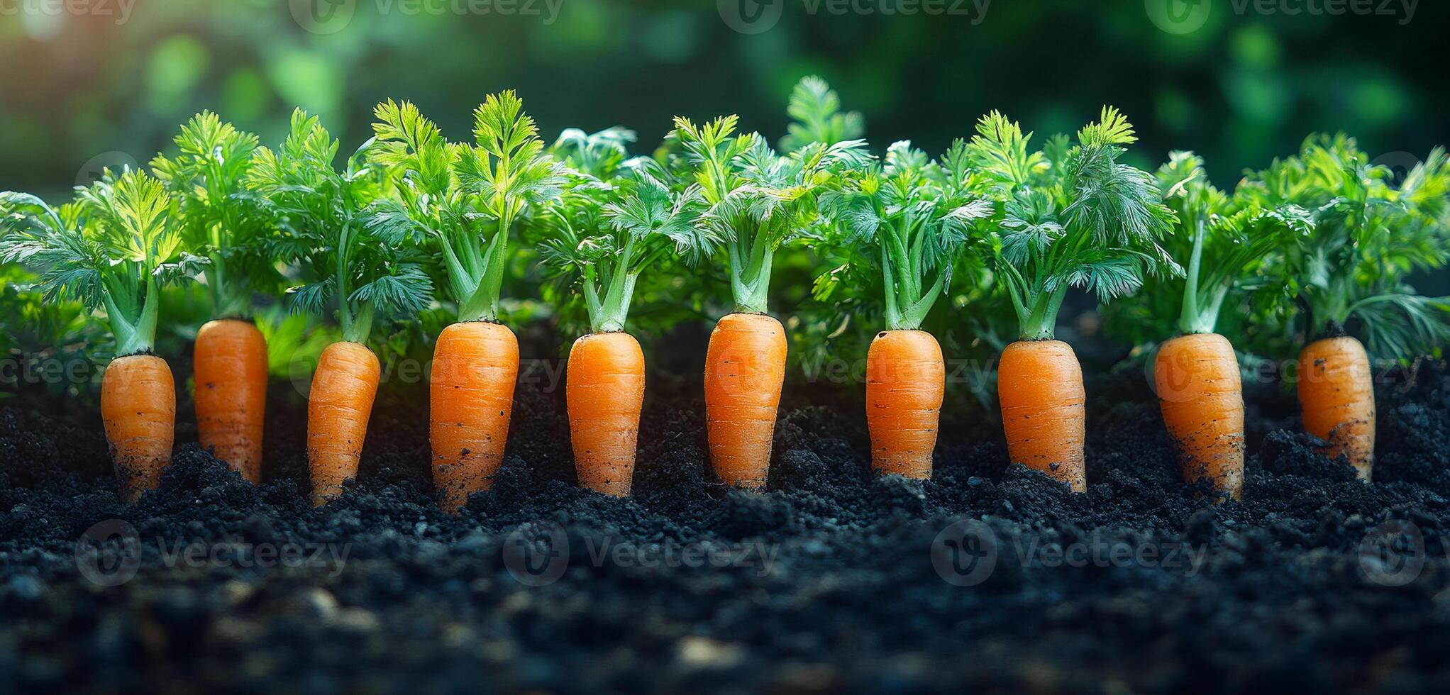 A row of carrots growing in the dirt. The carrots are orange and are growing in a garden photo
