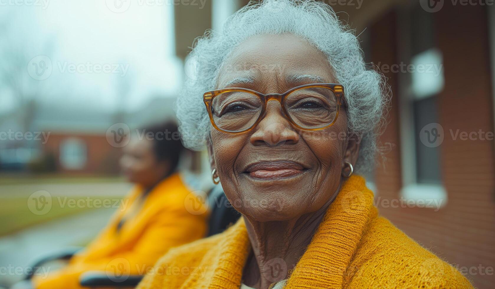 A woman in a yellow sweater is smiling and wearing glasses. She is sitting on a bench with another woman photo