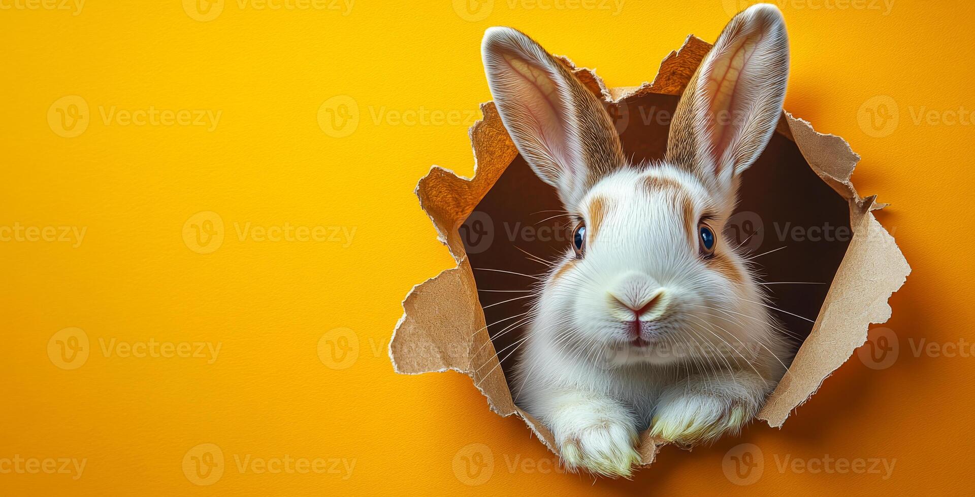 A rabbit is peeking out of a hole in a wall. The rabbit is white and brown, and it has a curious expression on its face. The image has a playful and whimsical mood photo
