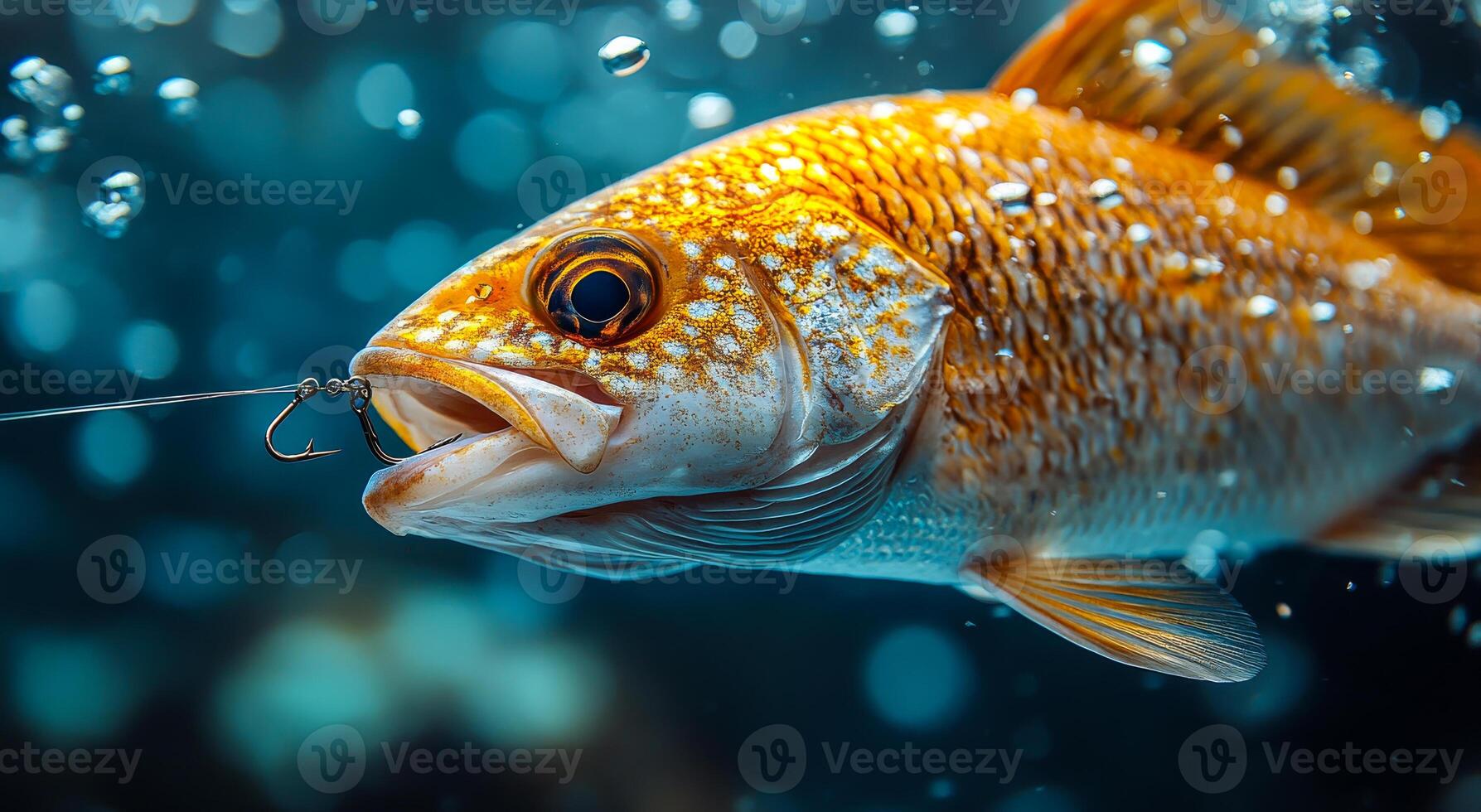 A fish with a hook in its mouth is swimming in the water. The fish is orange and white in color photo