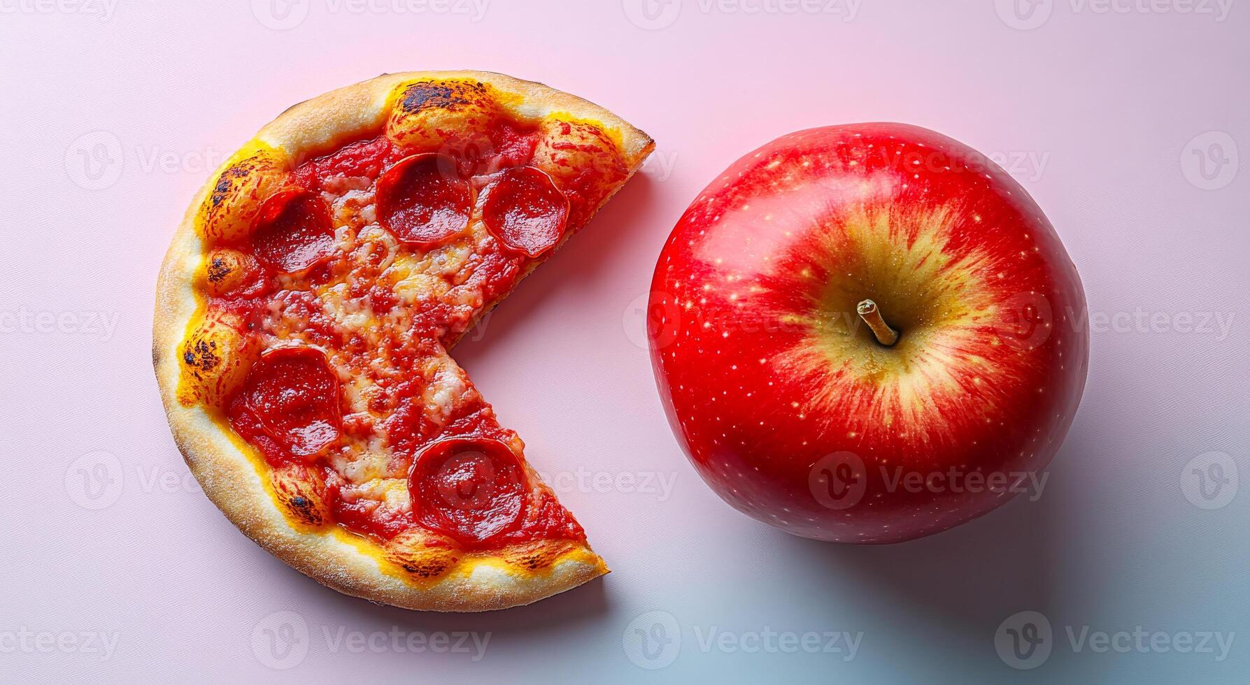 A slice of pizza is cut in half and placed next to a whole apple. Concept of making healthy choices and balancing indulgence with nutritious options photo