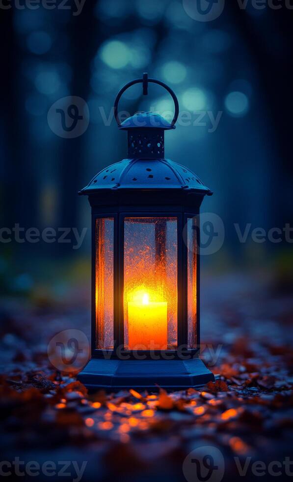 A candle is lit in a lantern, casting a warm glow on the ground. The lantern is placed on a path, surrounded by fallen leaves. Concept of tranquility and peacefulness photo