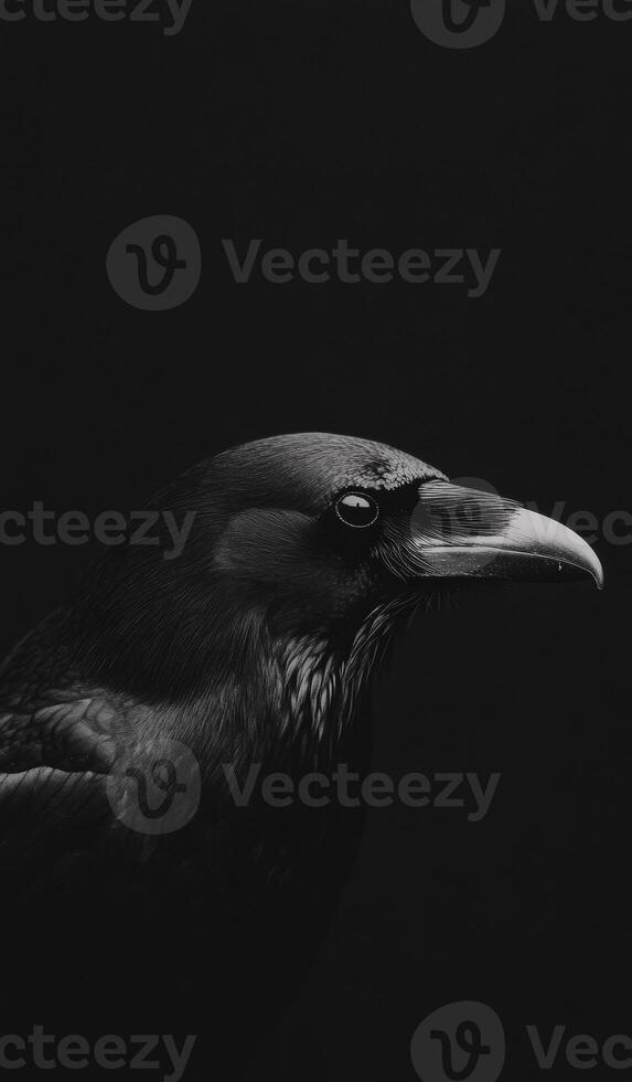 A black and white photo of a crow with its head tilted to the side. The image has a moody and mysterious feel to it, as the crow is the only visible subject