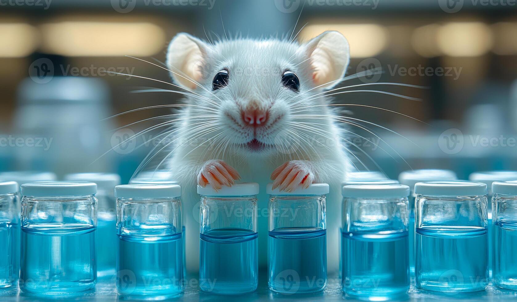 A white mouse is standing in front of a row of blue bottles. The mouse is smiling and he is curious about the bottles photo