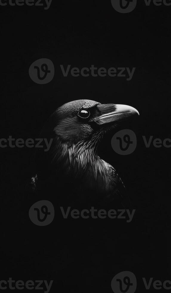 A black and white photo of a crow with its head tilted to the side. The image has a moody and mysterious feel to it, as the crow is the only visible subject. The lack of color