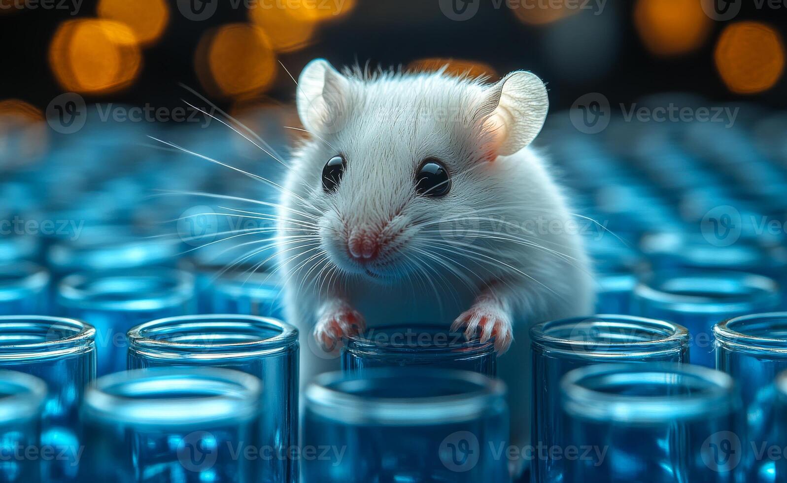 A white mouse is standing on a blue surface with many glass containers. The mouse appears to be curious and is looking at the viewer photo