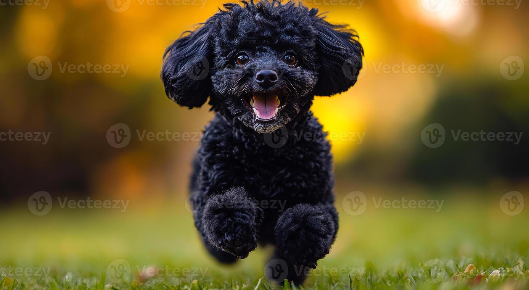 A black poodle is running in a grassy field. The dog is happy and energetic, with its tongue hanging out. The scene is lively and joyful, capturing the essence of a playful and active dog photo