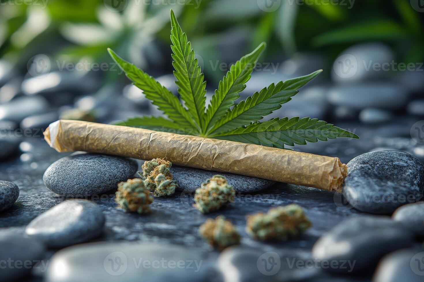 A rolled up joint with a leaf of marijuana on top of it. The joint is on a rock with some marijuana on the ground photo