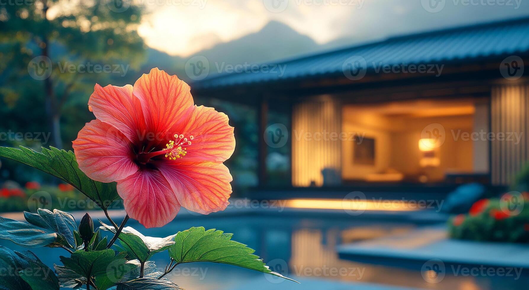 A beautiful red flower is placed in front of a house with a pool. Concept of tranquility and calmness, as the flower stands out against the backdrop of the house and pool photo