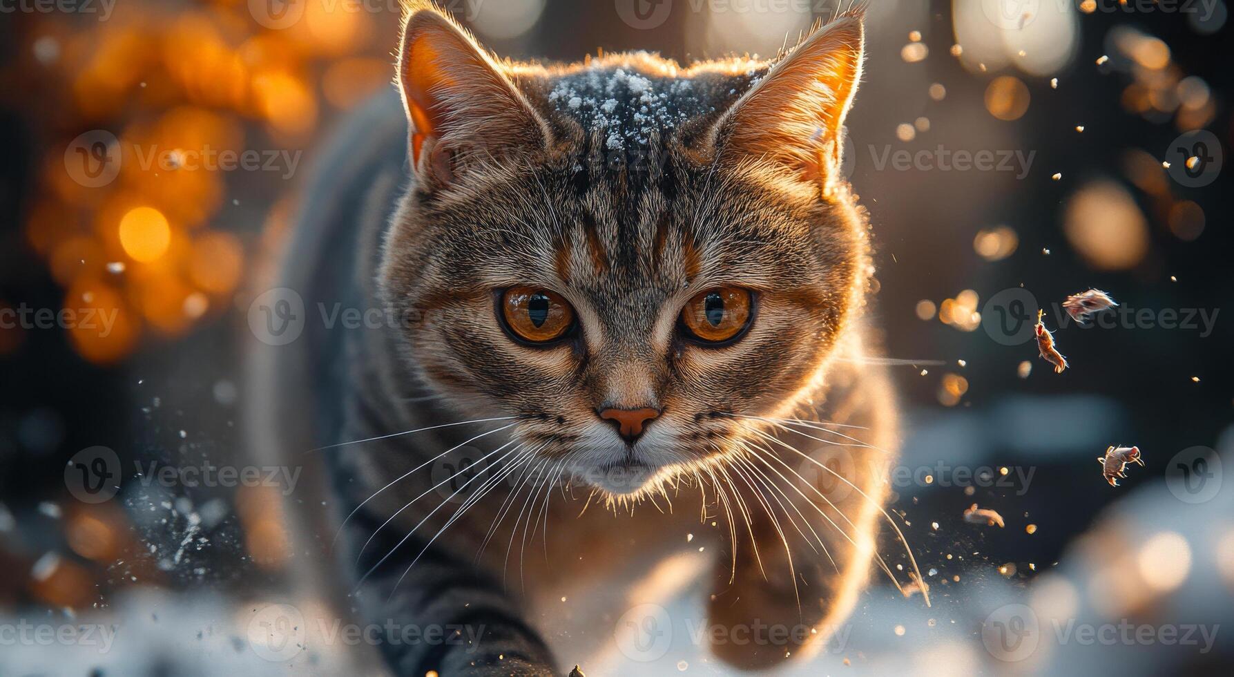 A cat is running through the snow with its eyes wide open. The image has a sense of motion and energy, as the cat appears to be in the middle of a chase or play. The snow adds a sense of depth photo