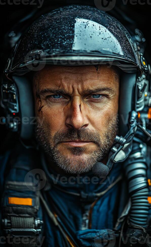 A man in a black helmet with a microphone on his head photo