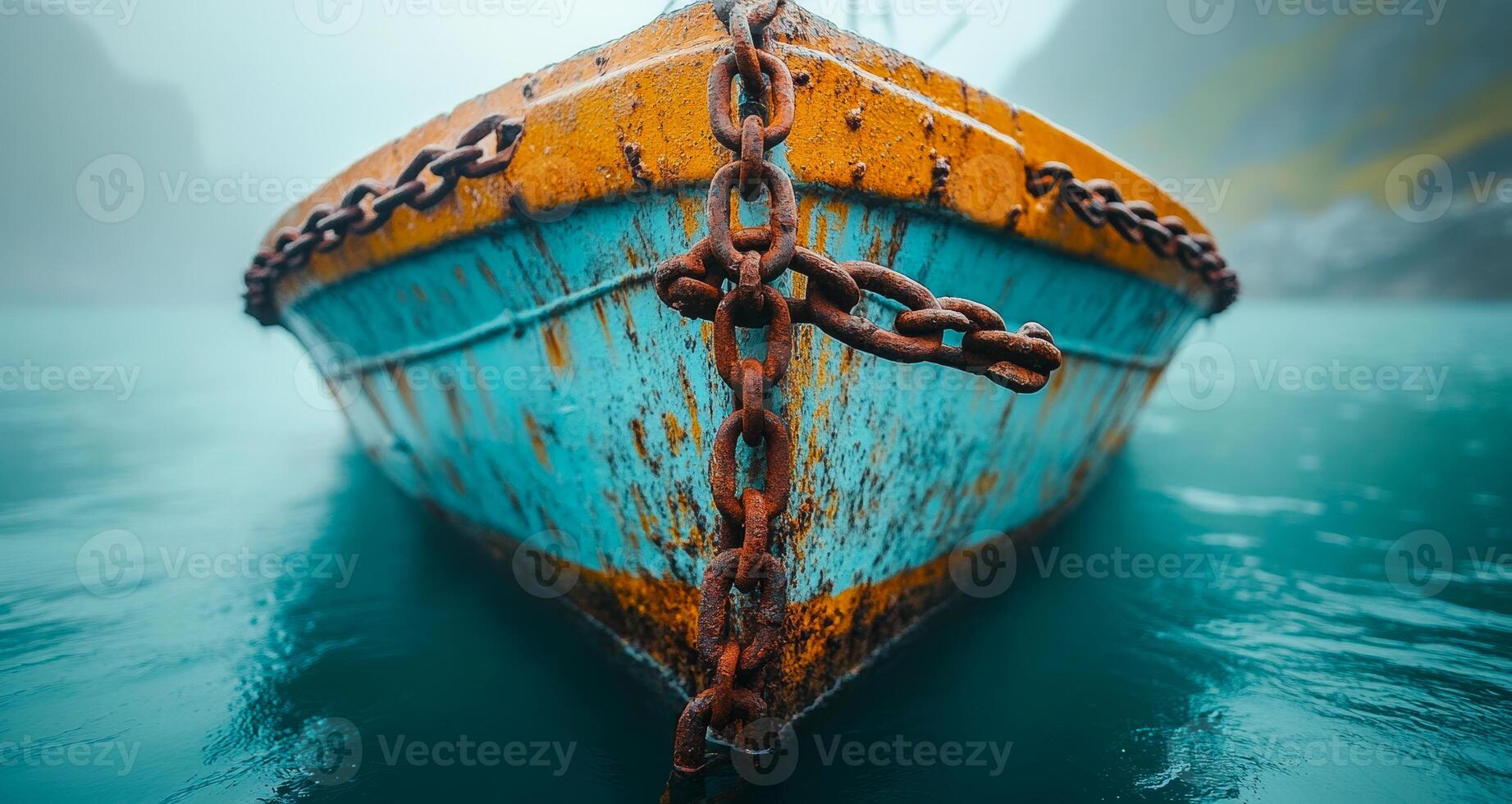 A boat with chains on it is floating in the water. The boat is old and rusty, and the chains are rusted as well. The water is calm and blue, and the boat is the only thing visible in the scene photo