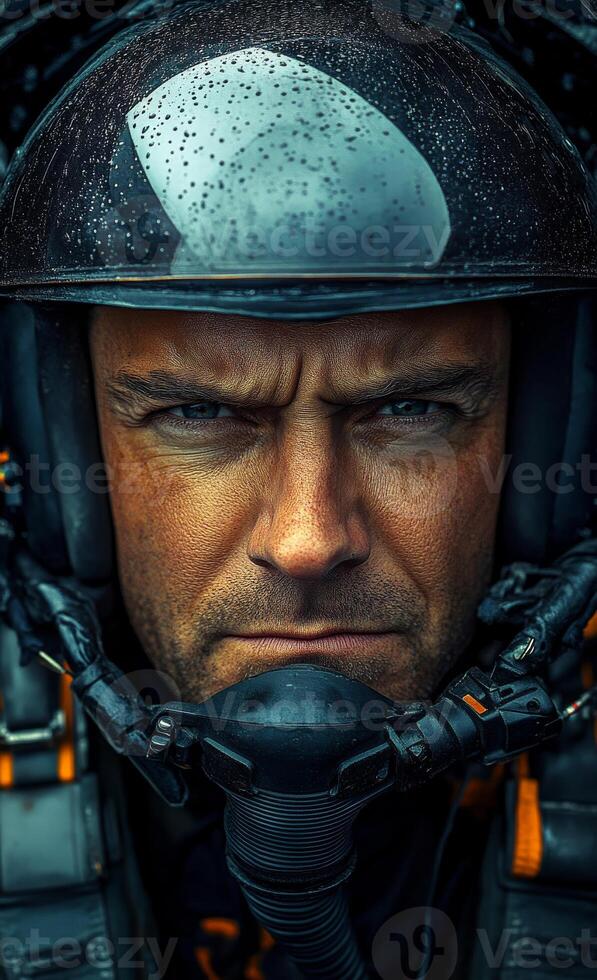 A man in a black helmet and suit is staring at the camera with a serious expression on his face. The helmet is black and has a reflective surface photo