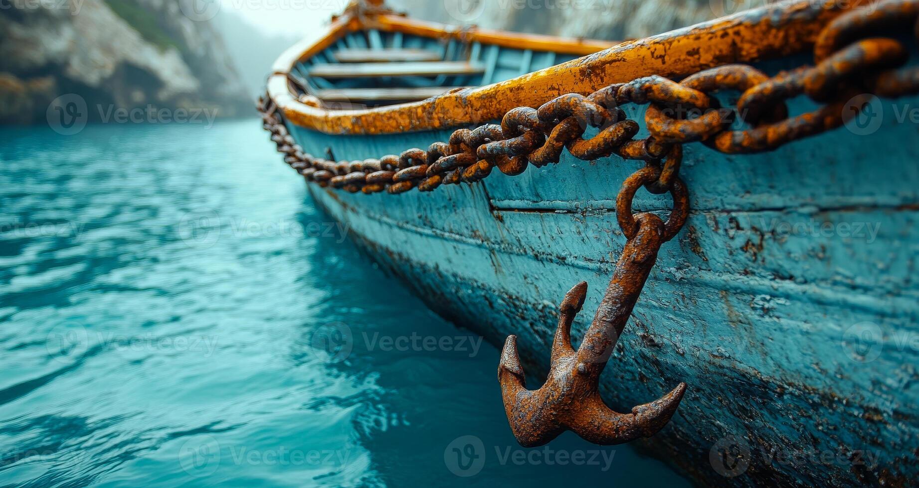 A boat with a chain attached to it is floating in the water. The chain is rusty and the boat is old. The water is calm and the sky is cloudy photo