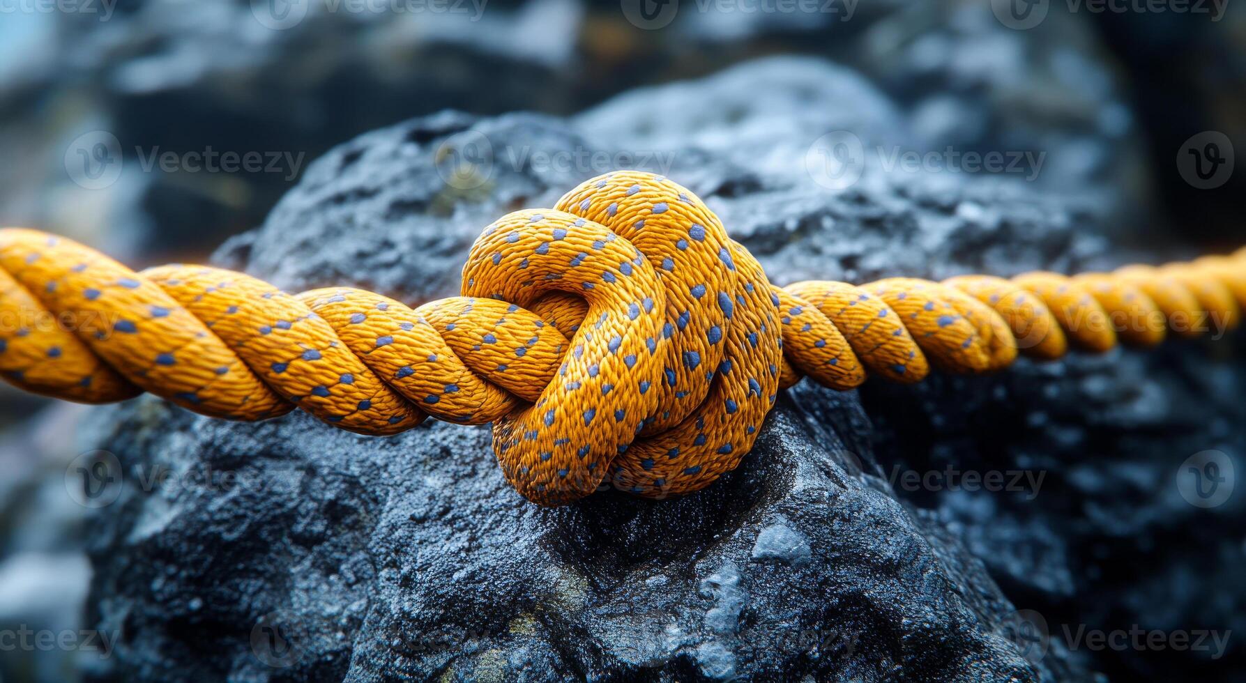 A rope is tied in a knot on a rock. The rope is yellow and has black spots photo