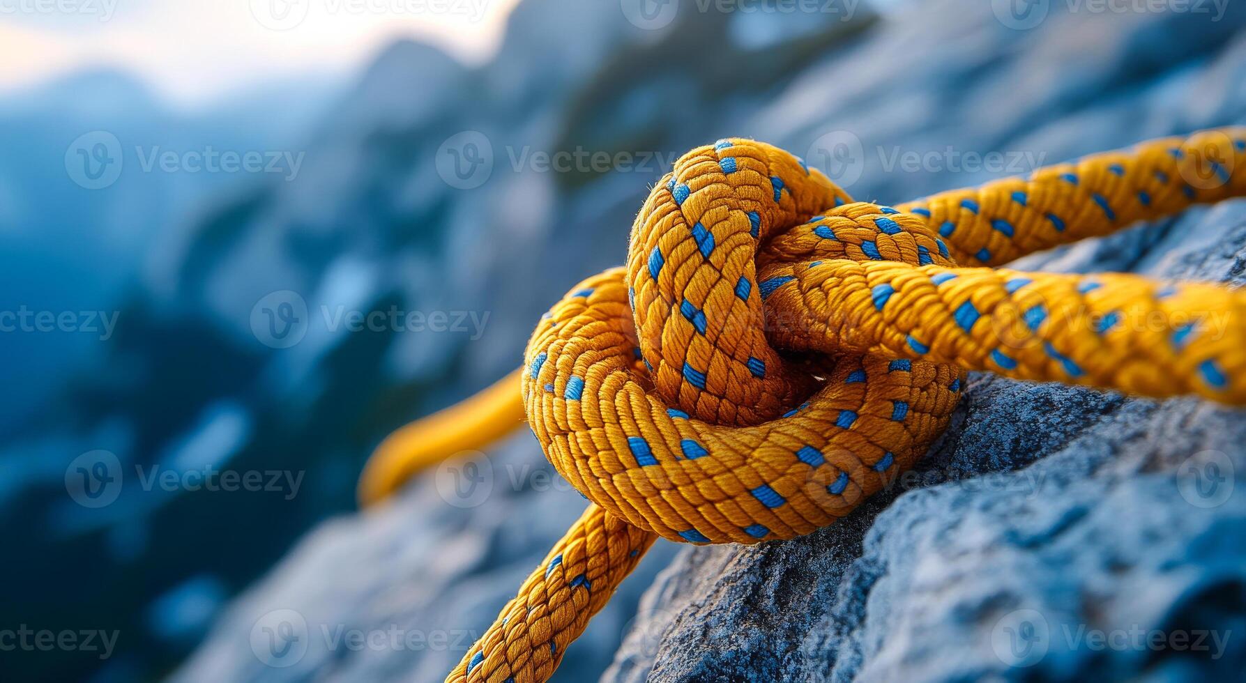 A yellow and blue rope is tied in a knot on a rock. The rope is thick and sturdy, and the knot is tight and secure. The rope is tied in a way that it looks like a knot, but it is actually a loop photo