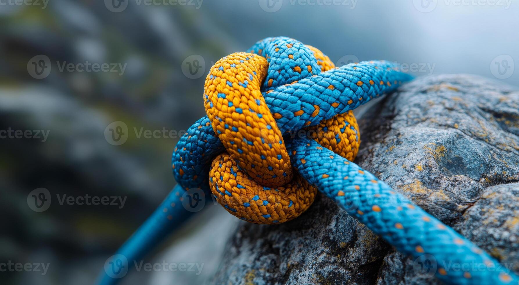 A blue and orange rope is tied into a knot on a rock. The knot is a unique and interesting design, and the rope is tied in a way that makes it look like a piece of art photo