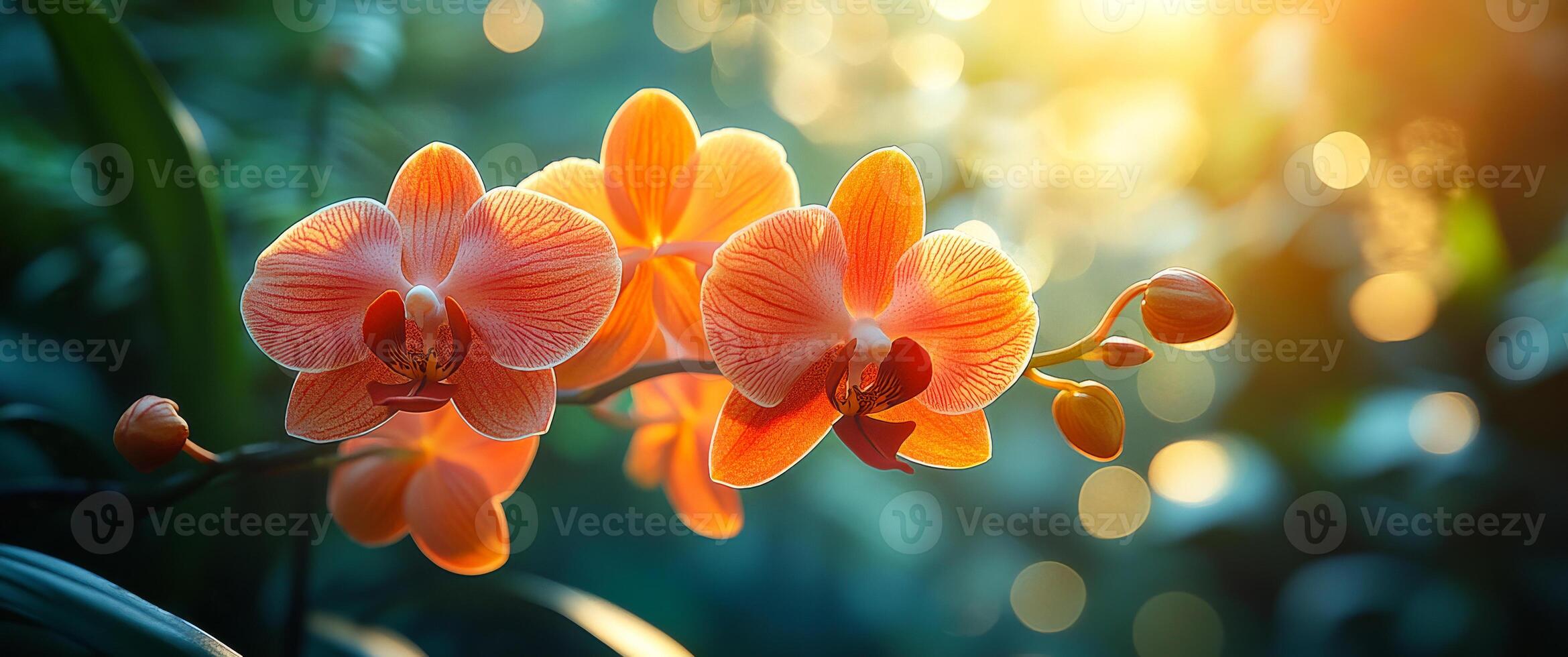A close up of two orange flowers with green leaves. The flowers are in a garden setting with a bright blue sky in the background. Scene is peaceful and serene, with the bright colors of the flowers photo