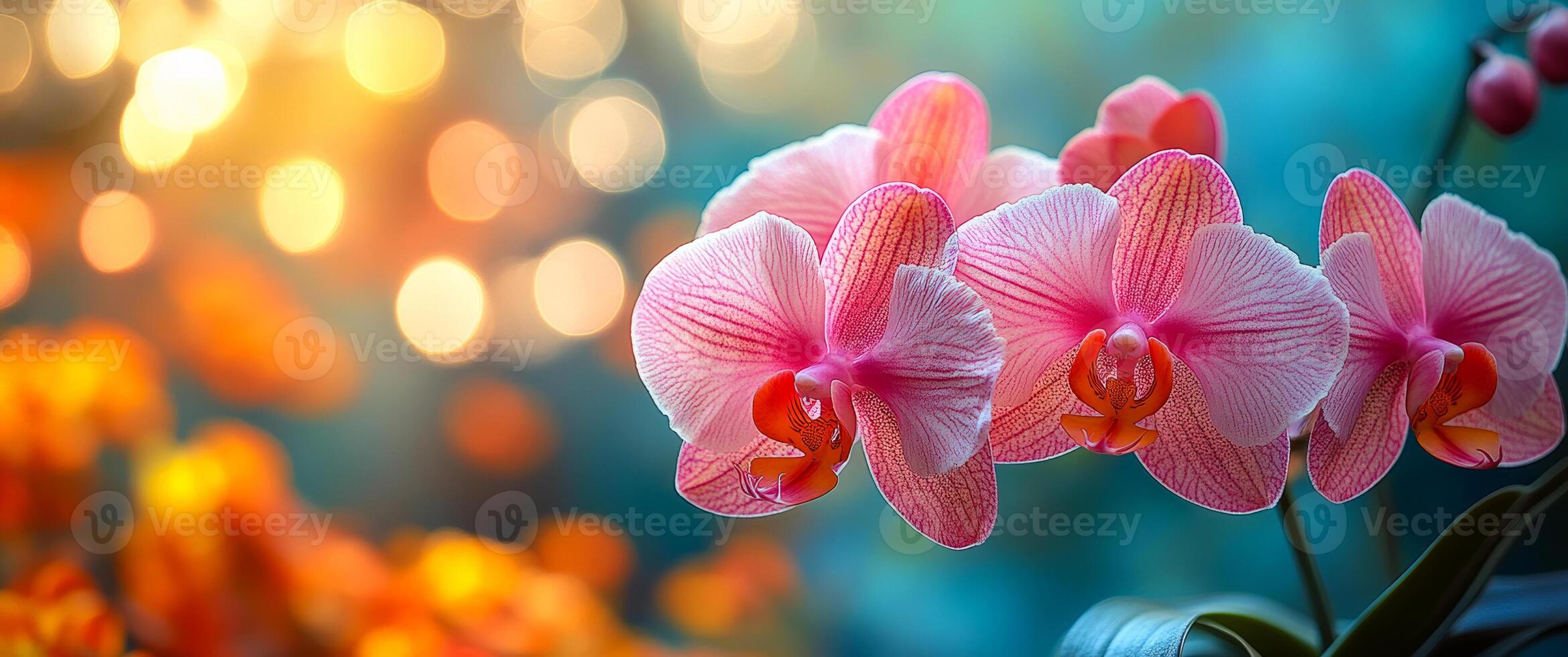 A bouquet of pink and white orchids with a blue background. The flowers are in full bloom and the background is a mix of orange and blue photo