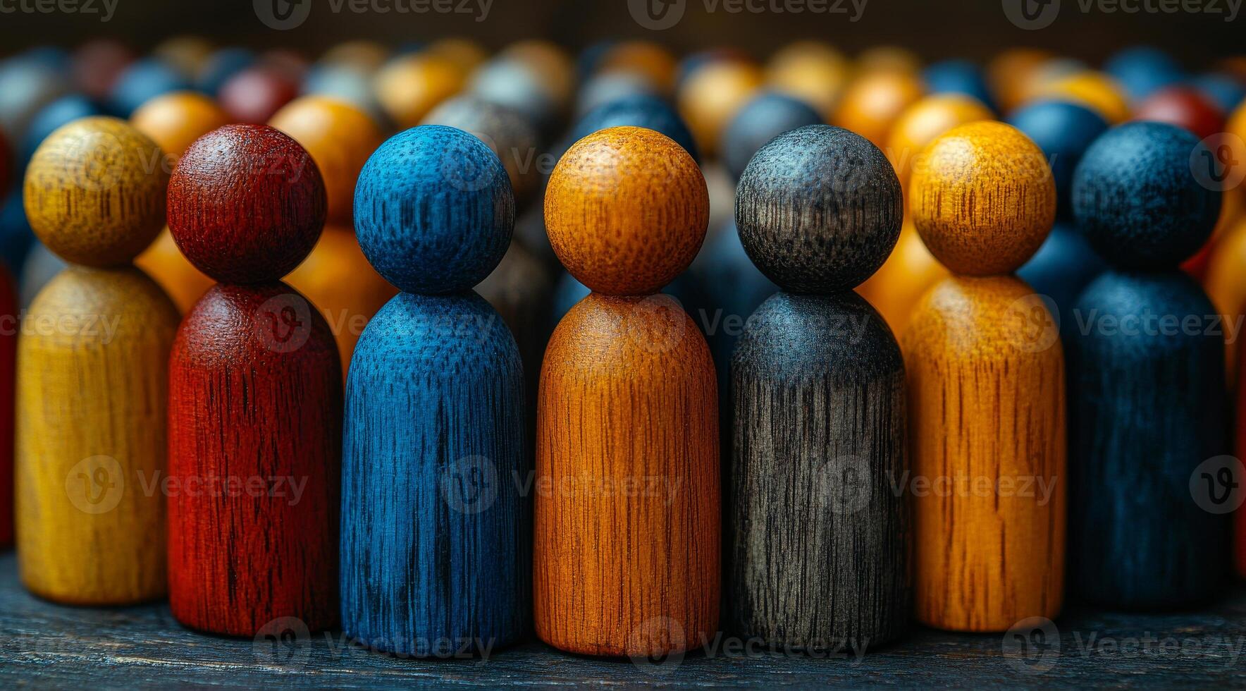 A group of wooden people are lined up in a circle. The people are of different colors and sizes photo