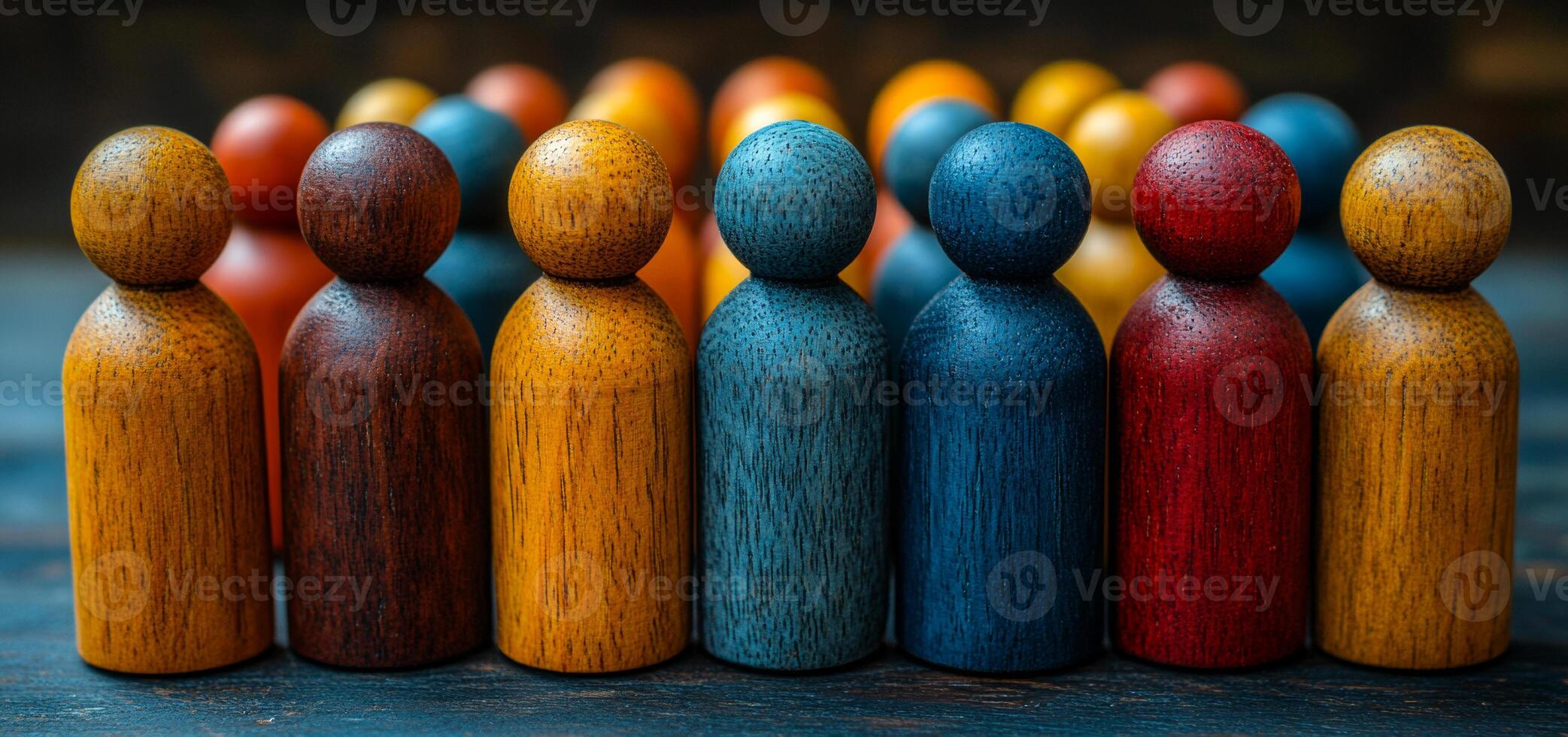 A group of wooden people are lined up in a row. The people are of different colors and sizes. The scene is peaceful and calm, with the people standing still and not moving photo