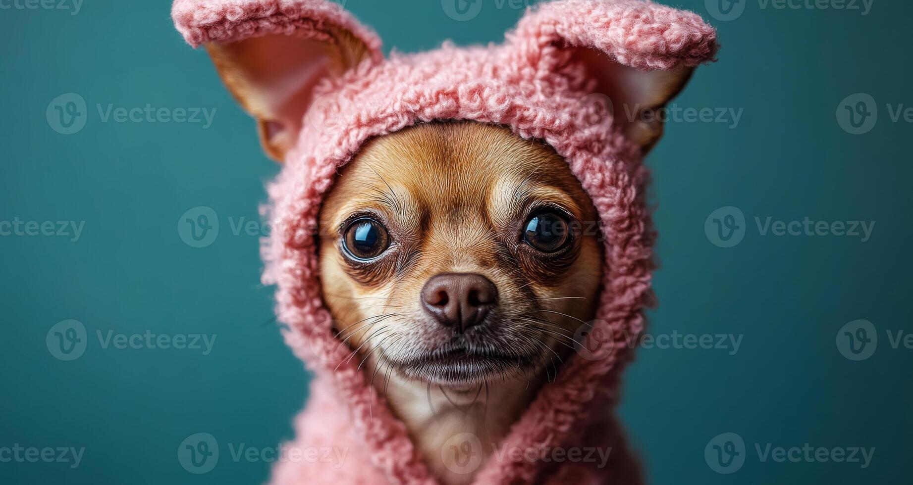 A small brown dog is wearing a pink bunny costume. The dog has a cute and playful expression on its face photo