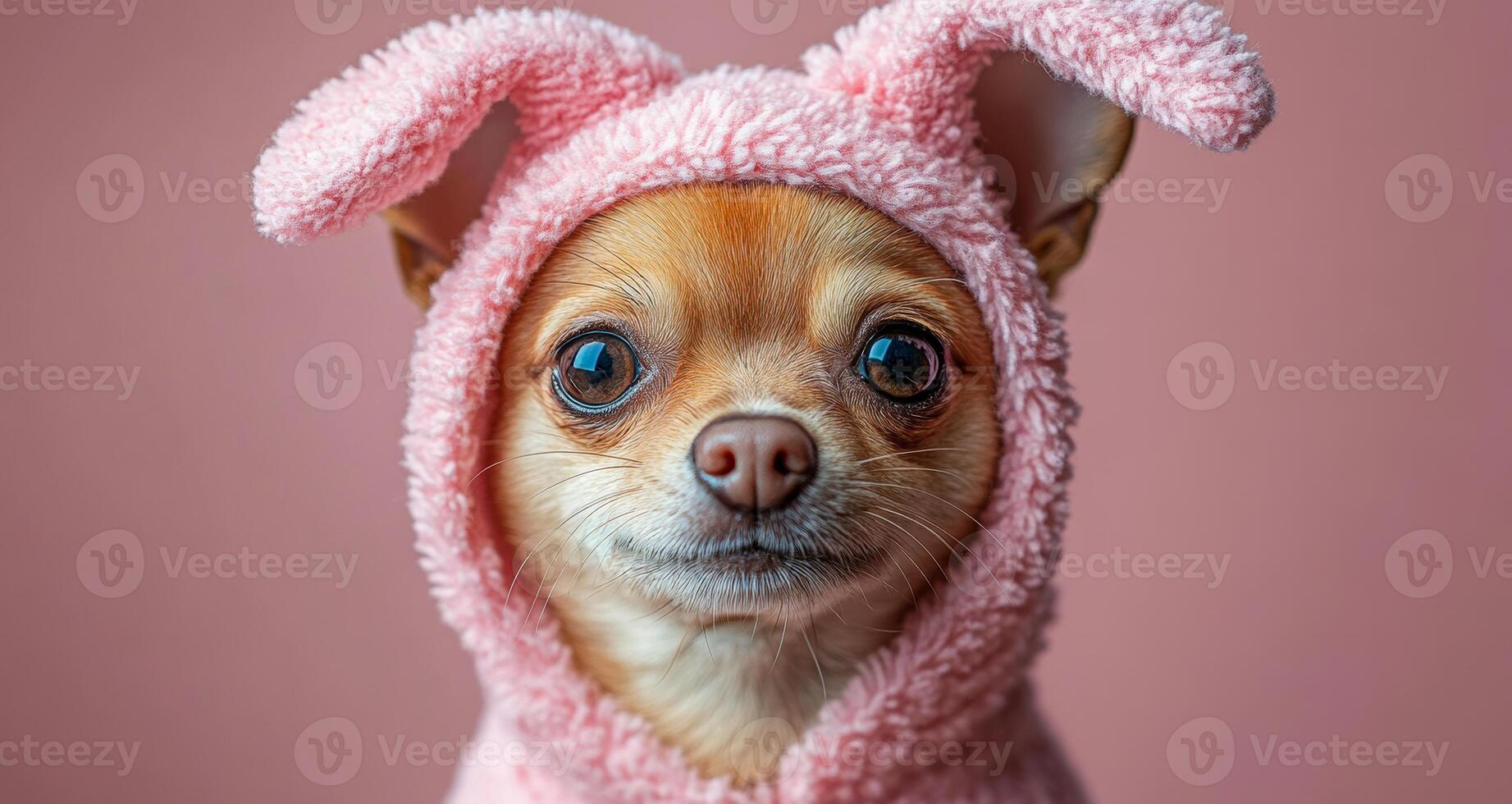 A small dog is wearing a pink bunny costume. The dog is looking at the camera with a curious expression photo