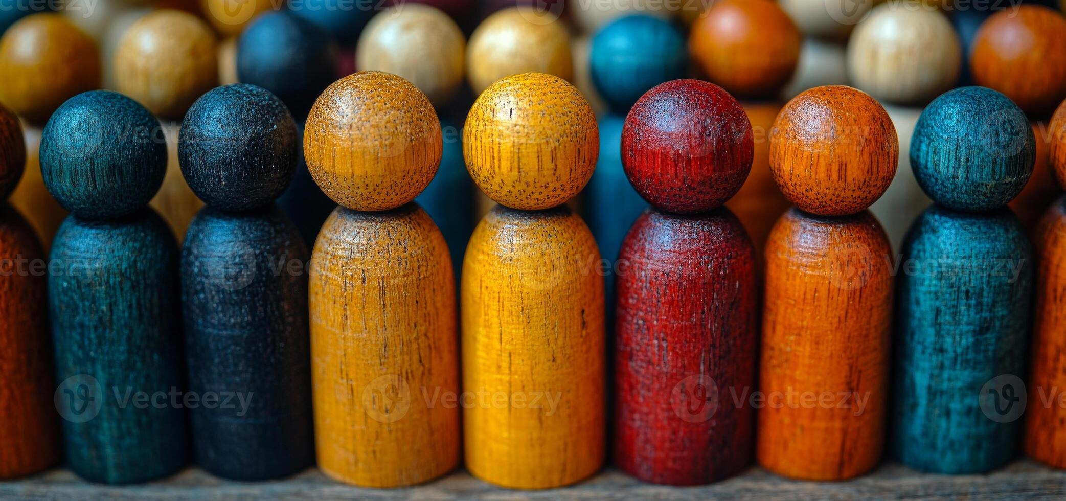 A row of wooden people with different colored heads. The people are lined up in a row, with some of them being taller than others. Concept of unity and diversity, as the people come in various shapes photo
