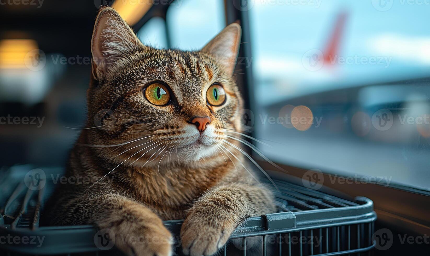 A cat is sitting in a pet carrier with its head peeking out of the window. The cat appears to be curious and interested in its surroundings photo